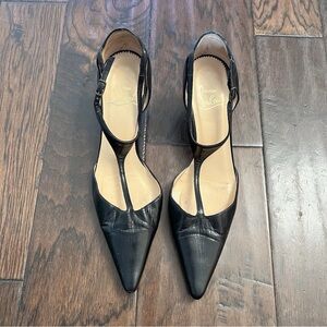 Christian Louboutin Black Leather T‑Strap Pointed Pumps